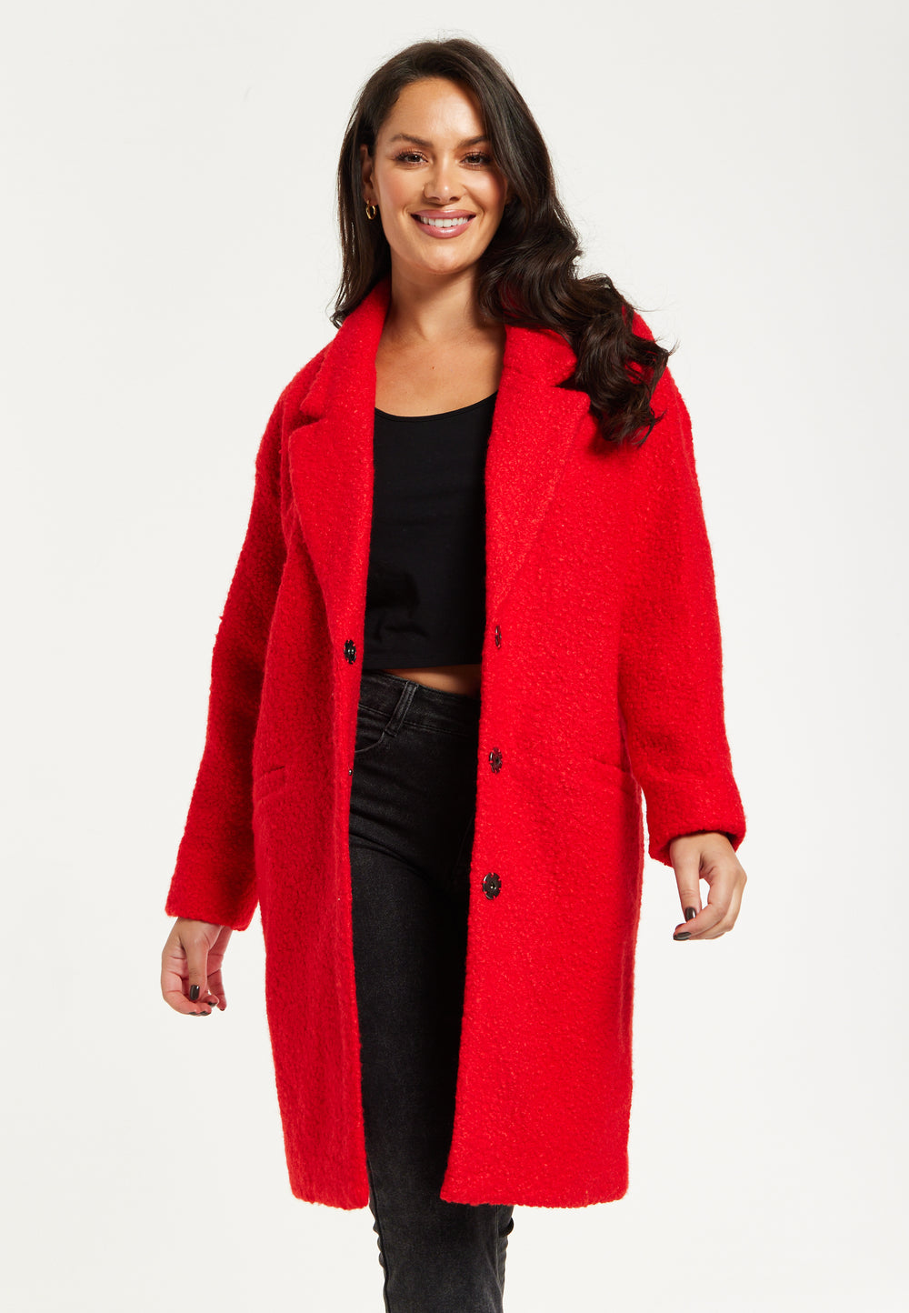 Liquorish Bouclè Coat in Red