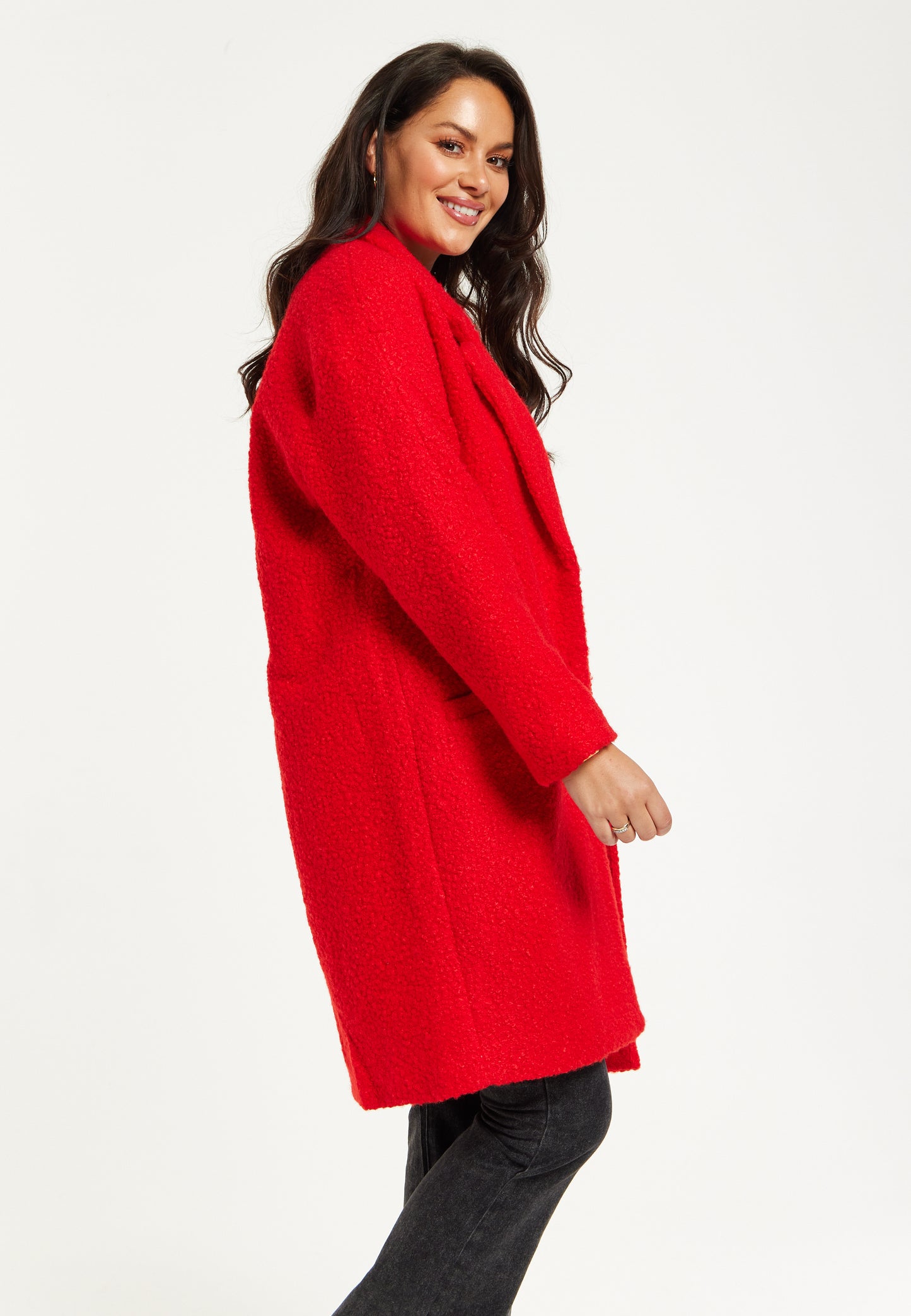 
                  
                    Liquorish Bouclè Coat in Red
                  
                