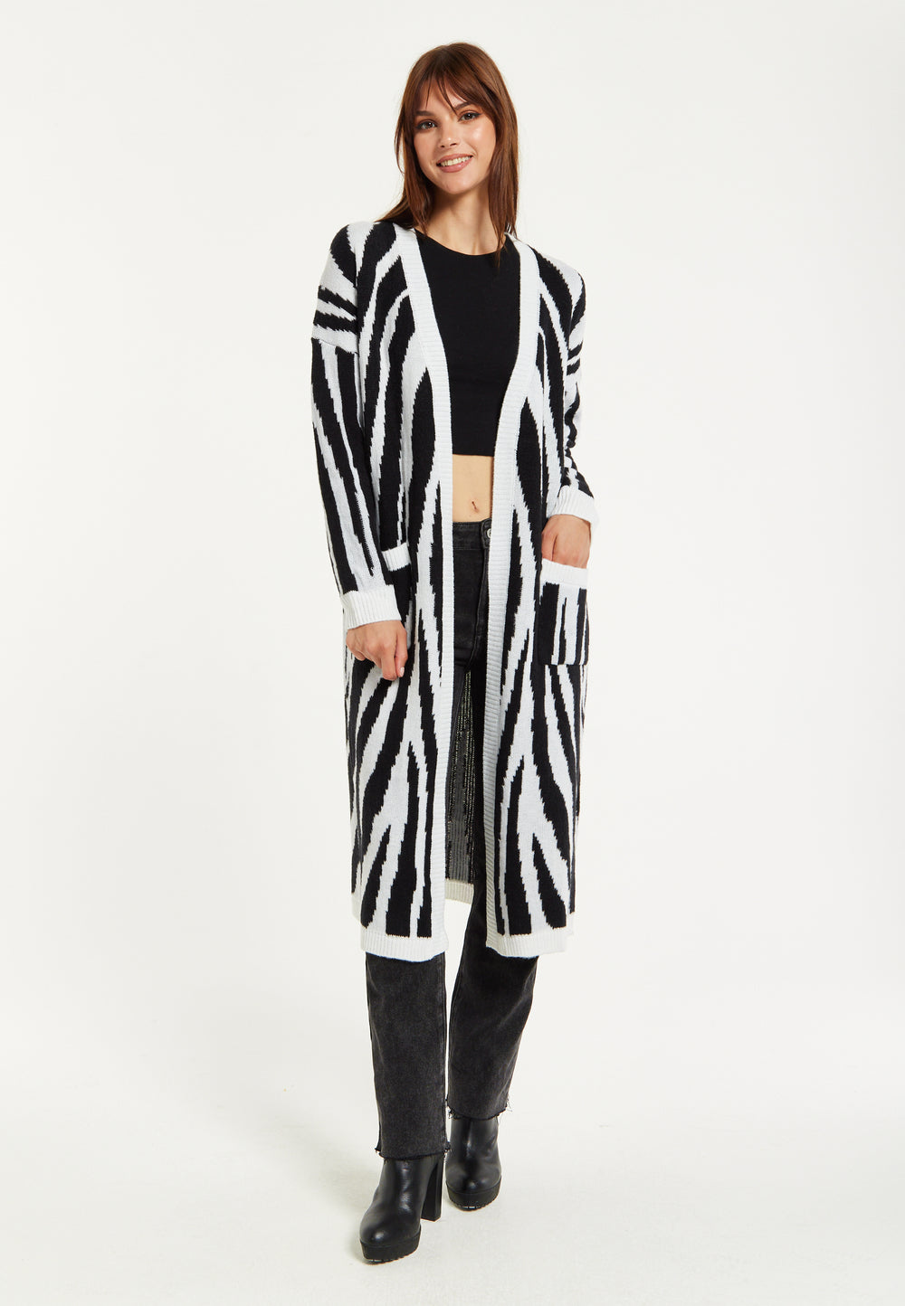 Liquorish Longline Cardigan In Black And White Zebra Pattern