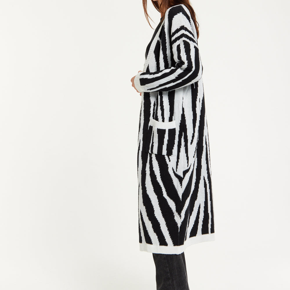 
                  
                    Liquorish Longline Cardigan In Black And White Zebra Pattern
                  
                