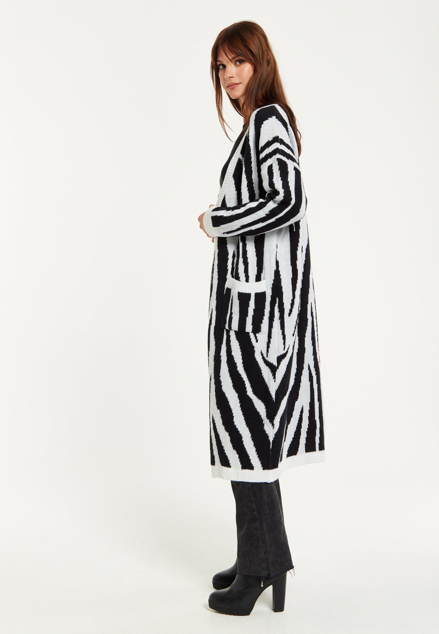 
                  
                    Liquorish Longline Cardigan In Black And White Zebra Pattern
                  
                