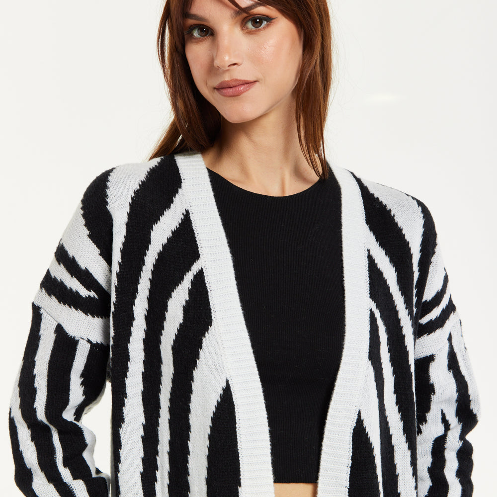 
                  
                    Liquorish Longline Cardigan In Black And White Zebra Pattern
                  
                