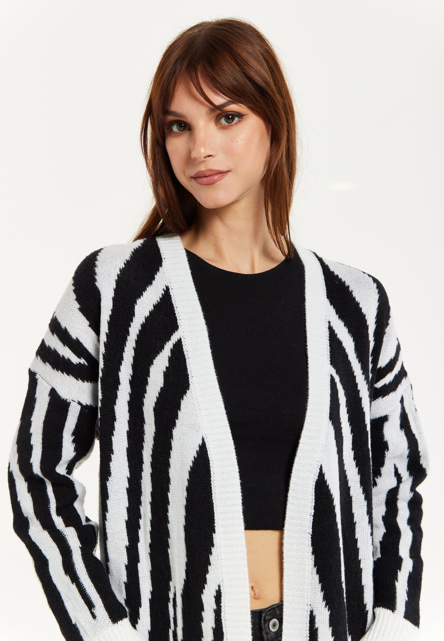 
                  
                    Liquorish Longline Cardigan In Black And White Zebra Pattern
                  
                