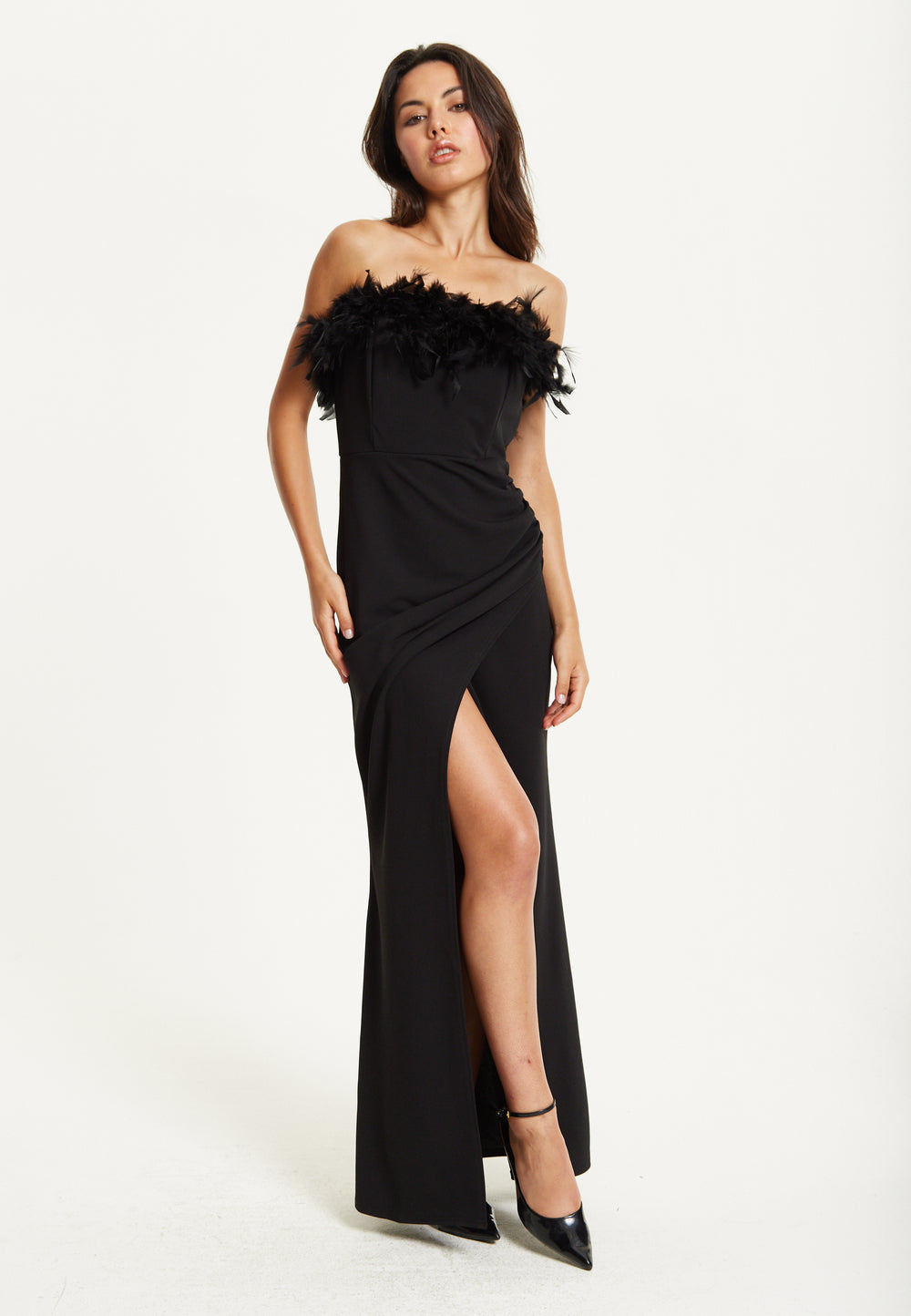 Black Feather Trim Strapless Dress
