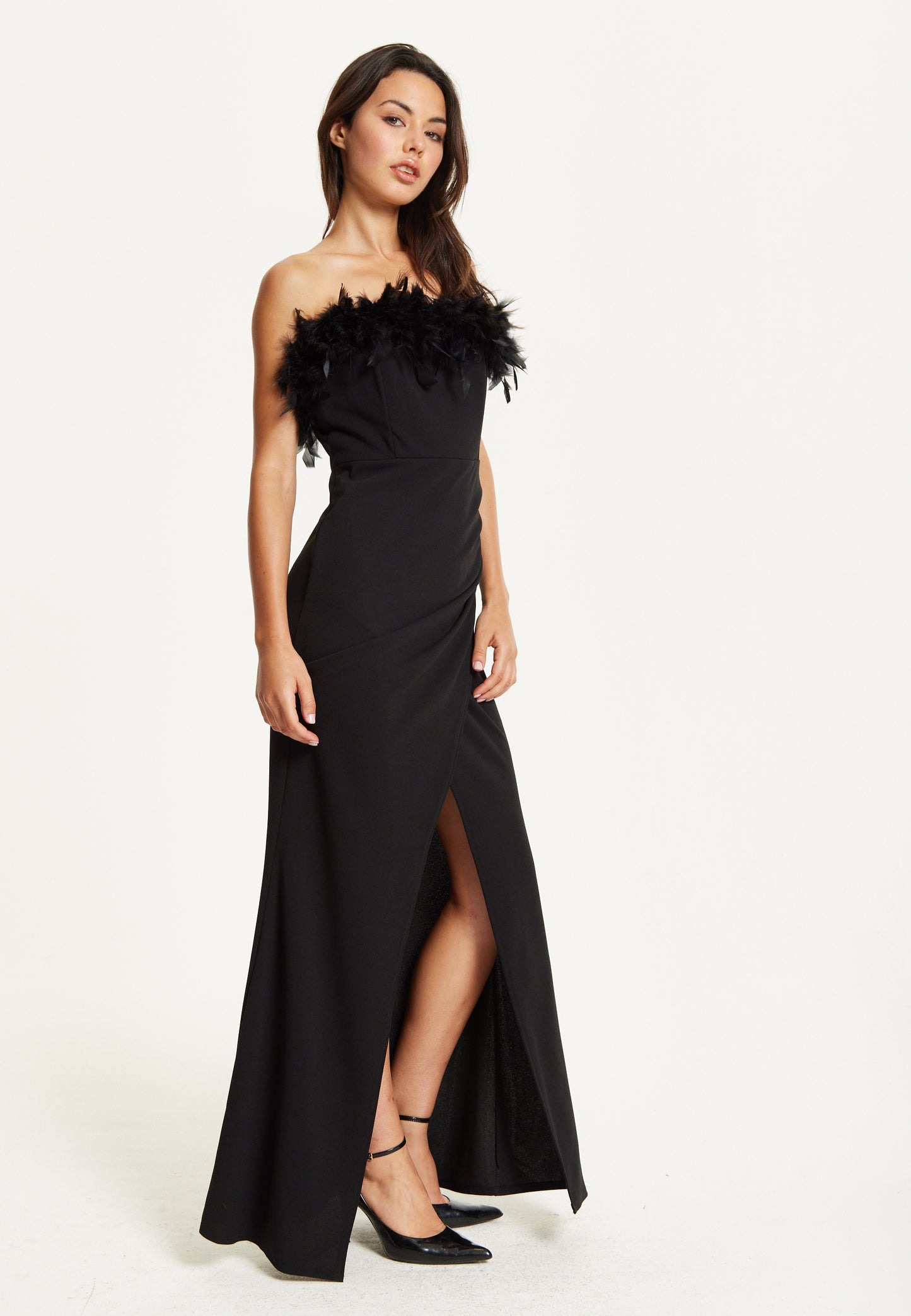 
                  
                    Black Feather Trim Strapless Dress
                  
                