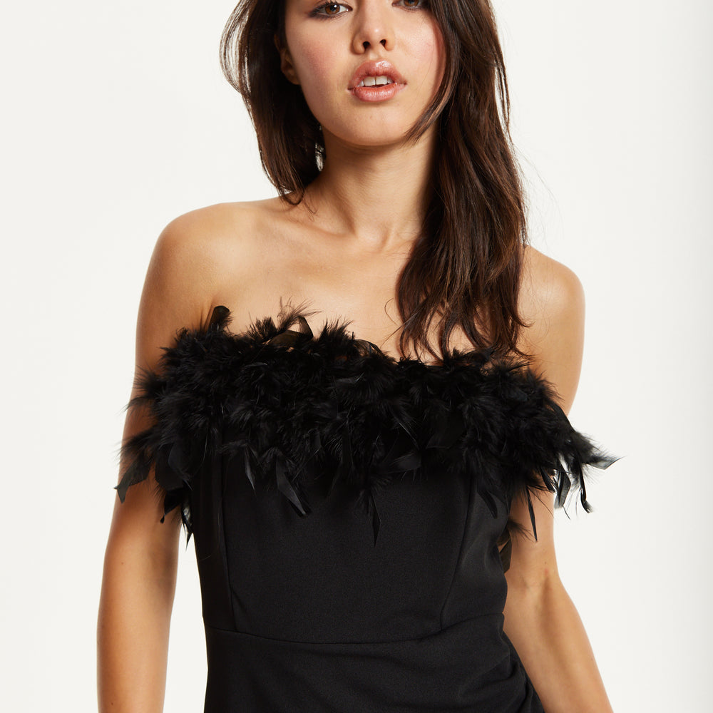 
                  
                    Black Feather Trim Strapless Dress
                  
                