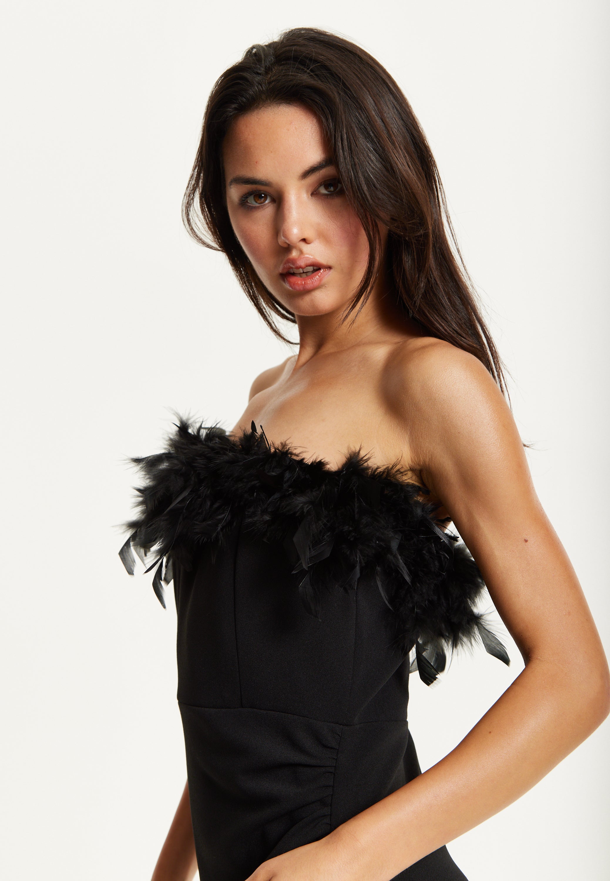 black goddess dress Black Feather Trim Strapless Dress – Liquorish Online
