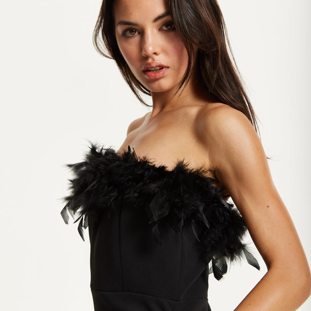 
                  
                    Black Feather Trim Strapless Dress
                  
                