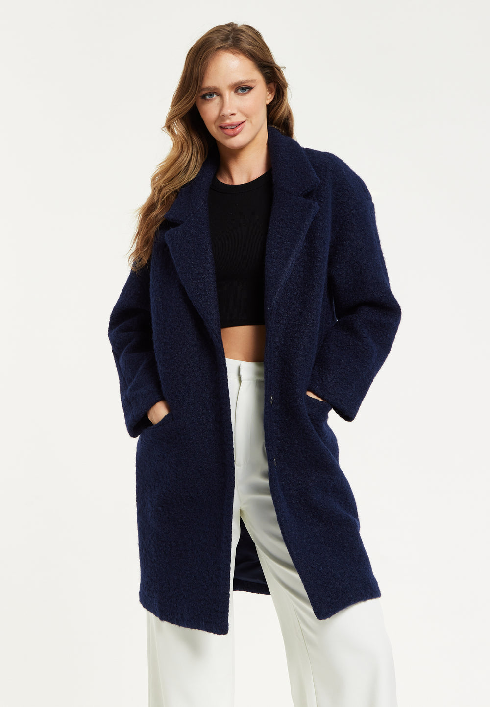 Liquorish Classic Blue Bouclé Coat with Notched Lapels