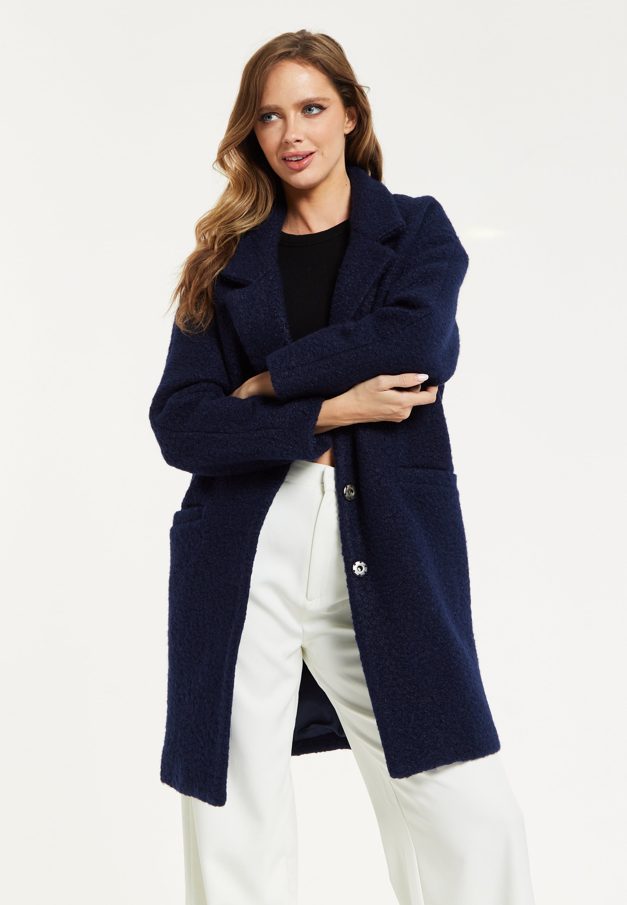 Women s Coat in Classic Blue Boucle with Notched Lapels and Relaxed Fi Liquorish Online