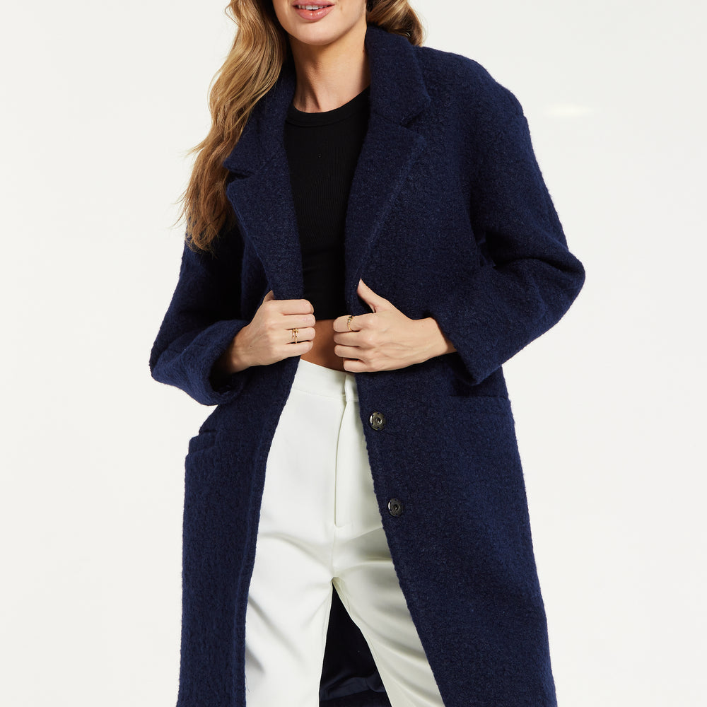 
                  
                    Liquorish Classic Blue Bouclé Coat with Notched Lapels
                  
                