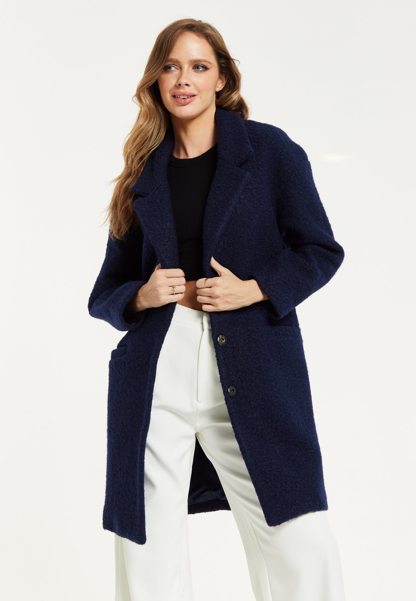 
                  
                    Liquorish Classic Blue Bouclé Coat with Notched Lapels
                  
                