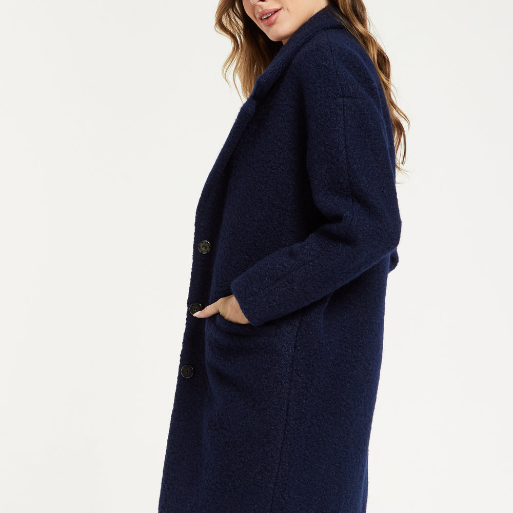 
                  
                    Liquorish Classic Blue Bouclé Coat with Notched Lapels
                  
                