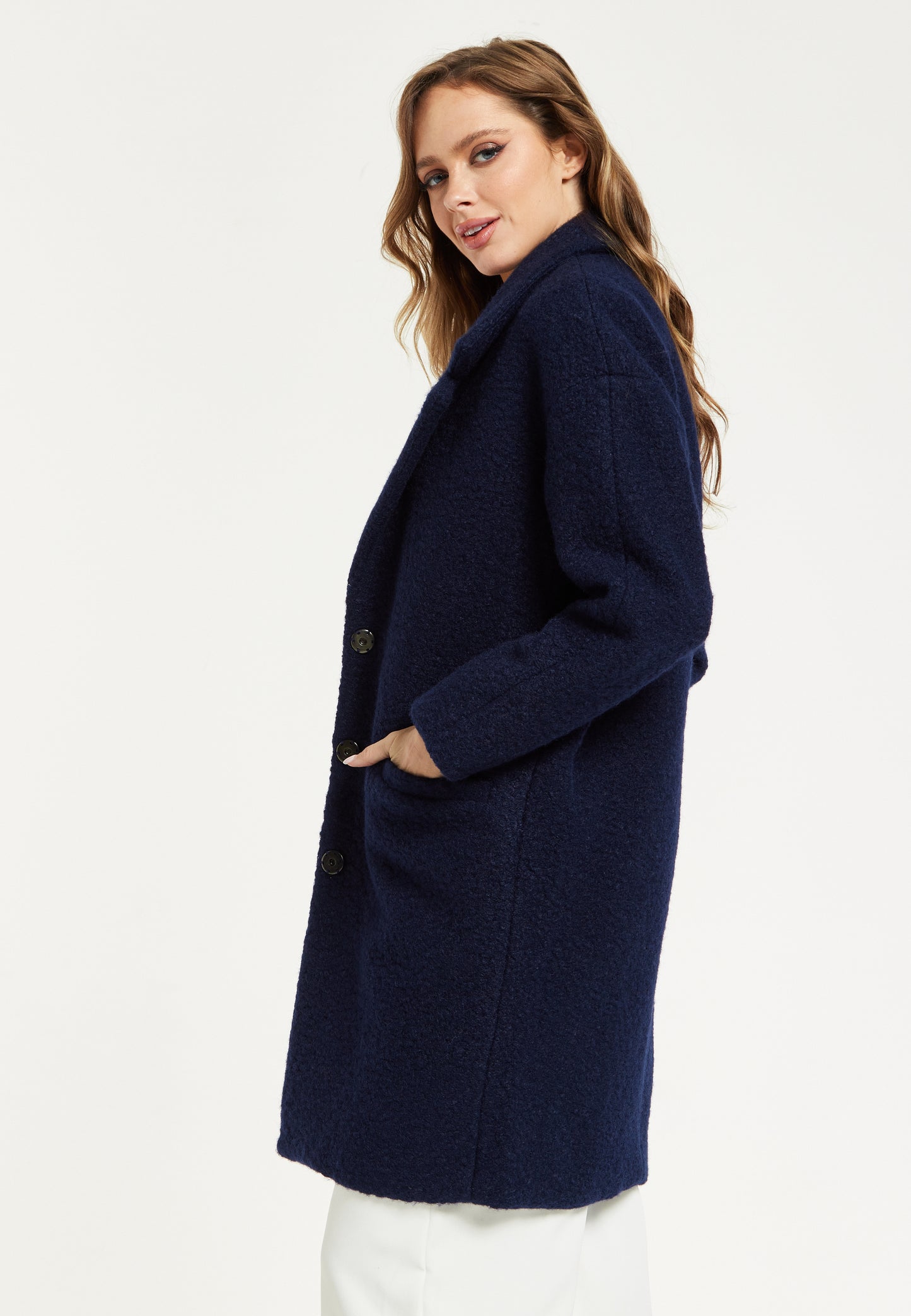 
                  
                    Liquorish Classic Blue Bouclé Coat with Notched Lapels
                  
                