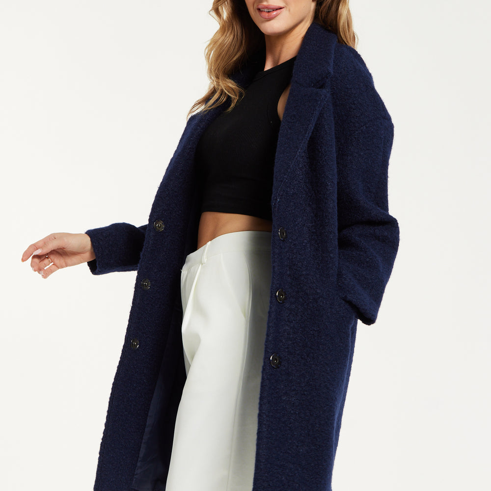 
                  
                    Liquorish Classic Blue Bouclé Coat with Notched Lapels
                  
                