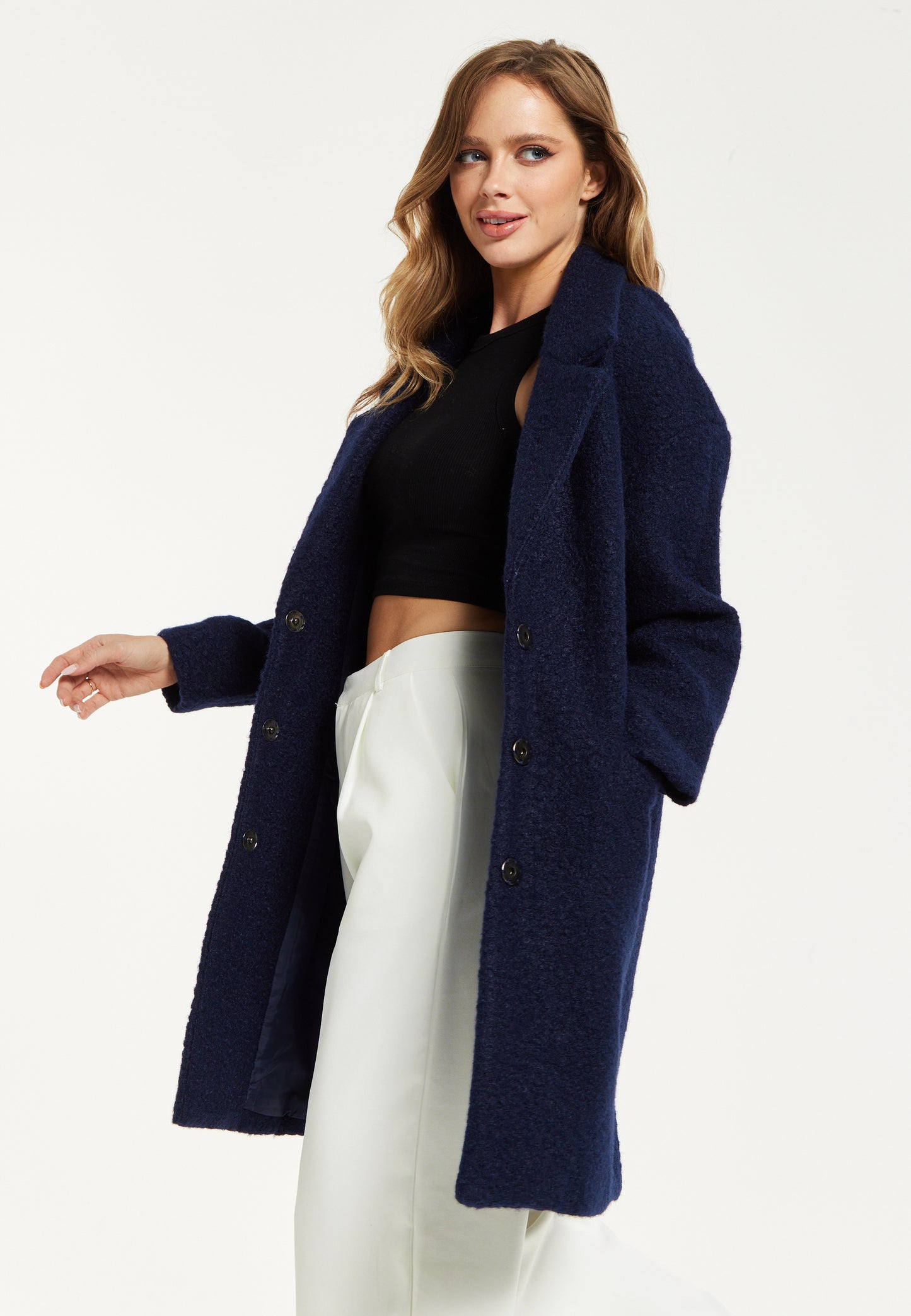 
                  
                    Liquorish Classic Blue Bouclé Coat with Notched Lapels
                  
                