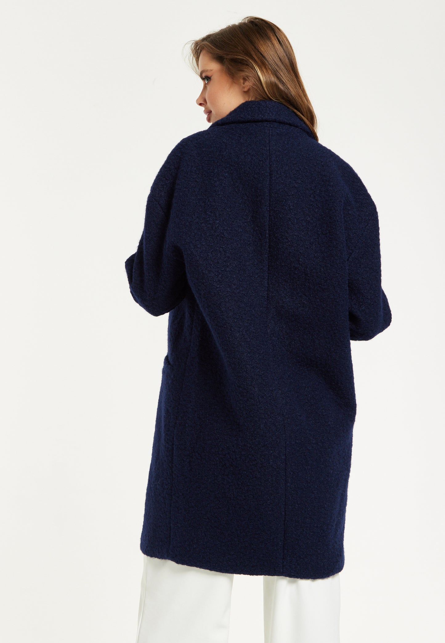 
                  
                    Liquorish Classic Blue Bouclé Coat with Notched Lapels
                  
                