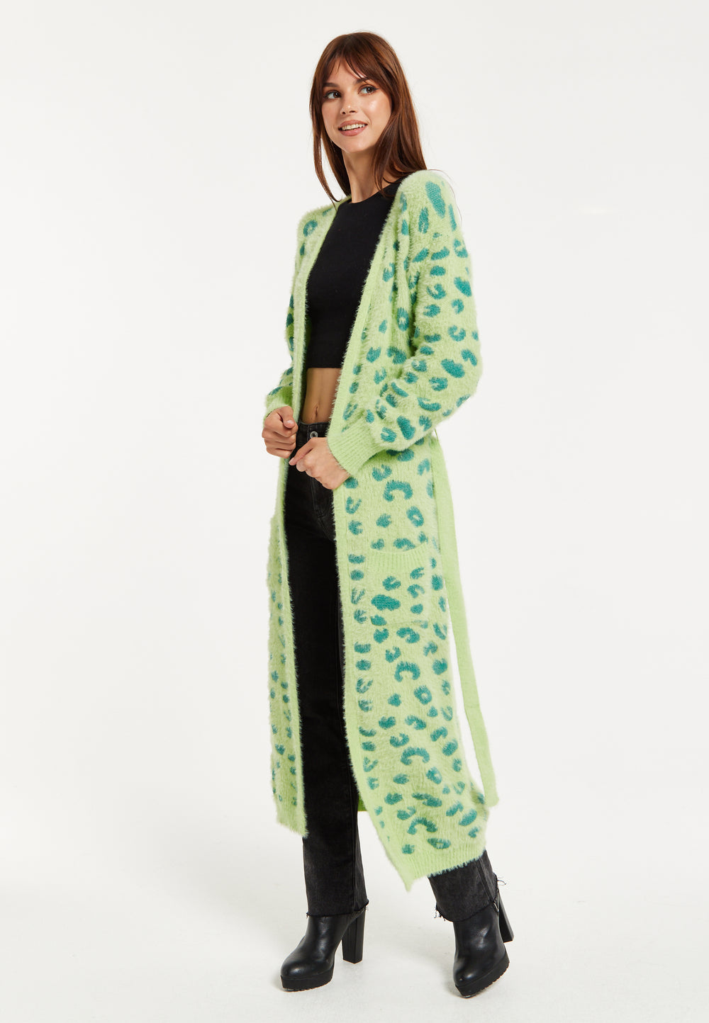 Liquorish Fluffy Longline Cardigan In Green Animal Print