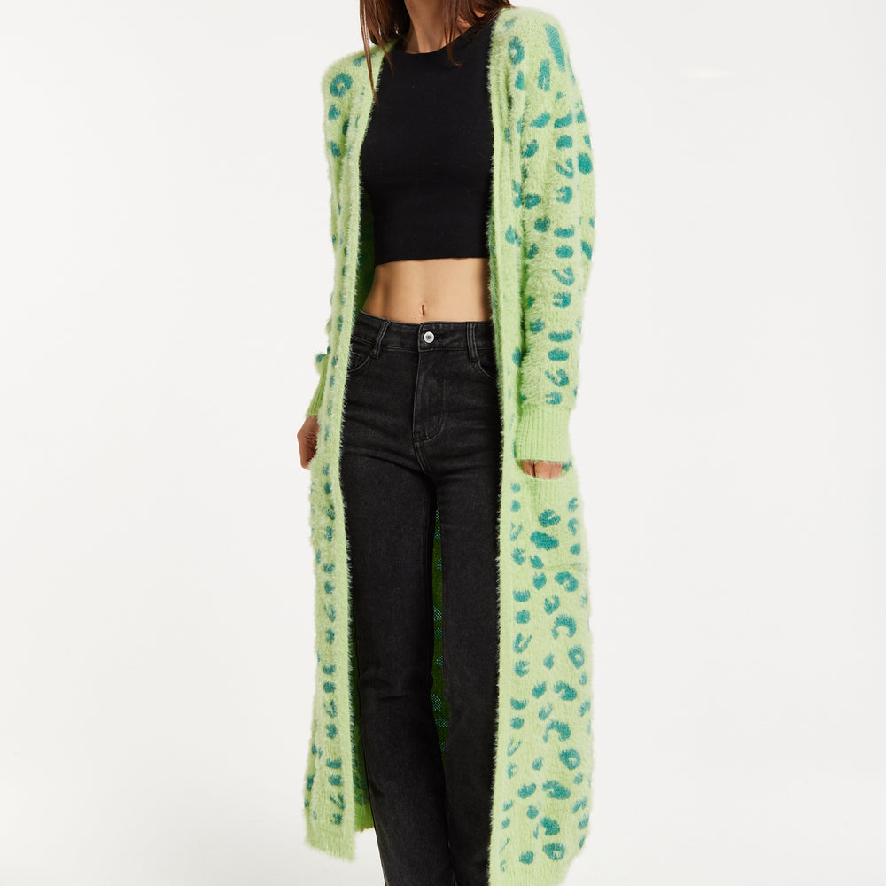 
                  
                    Liquorish Fluffy Longline Cardigan In Green Animal Print
                  
                