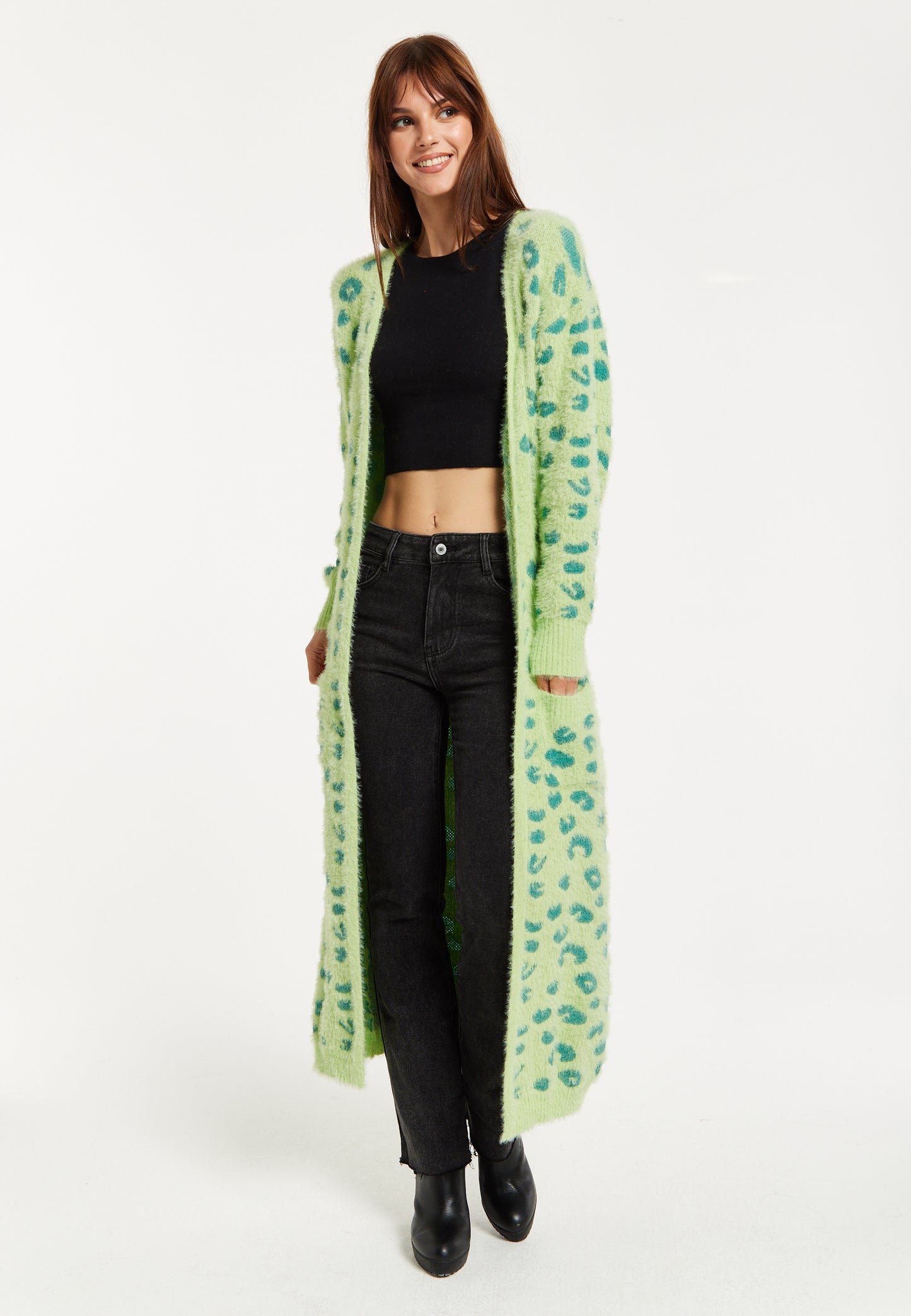 
                  
                    Liquorish Fluffy Longline Cardigan In Green Animal Print
                  
                