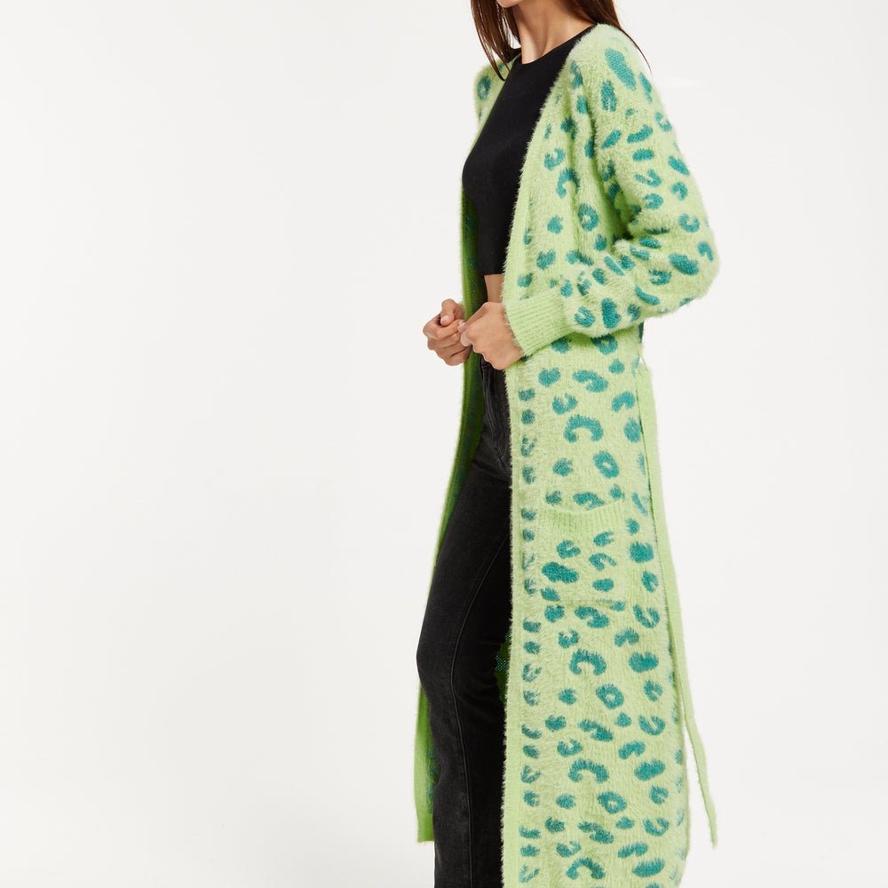 
                  
                    Liquorish Fluffy Longline Cardigan In Green Animal Print
                  
                