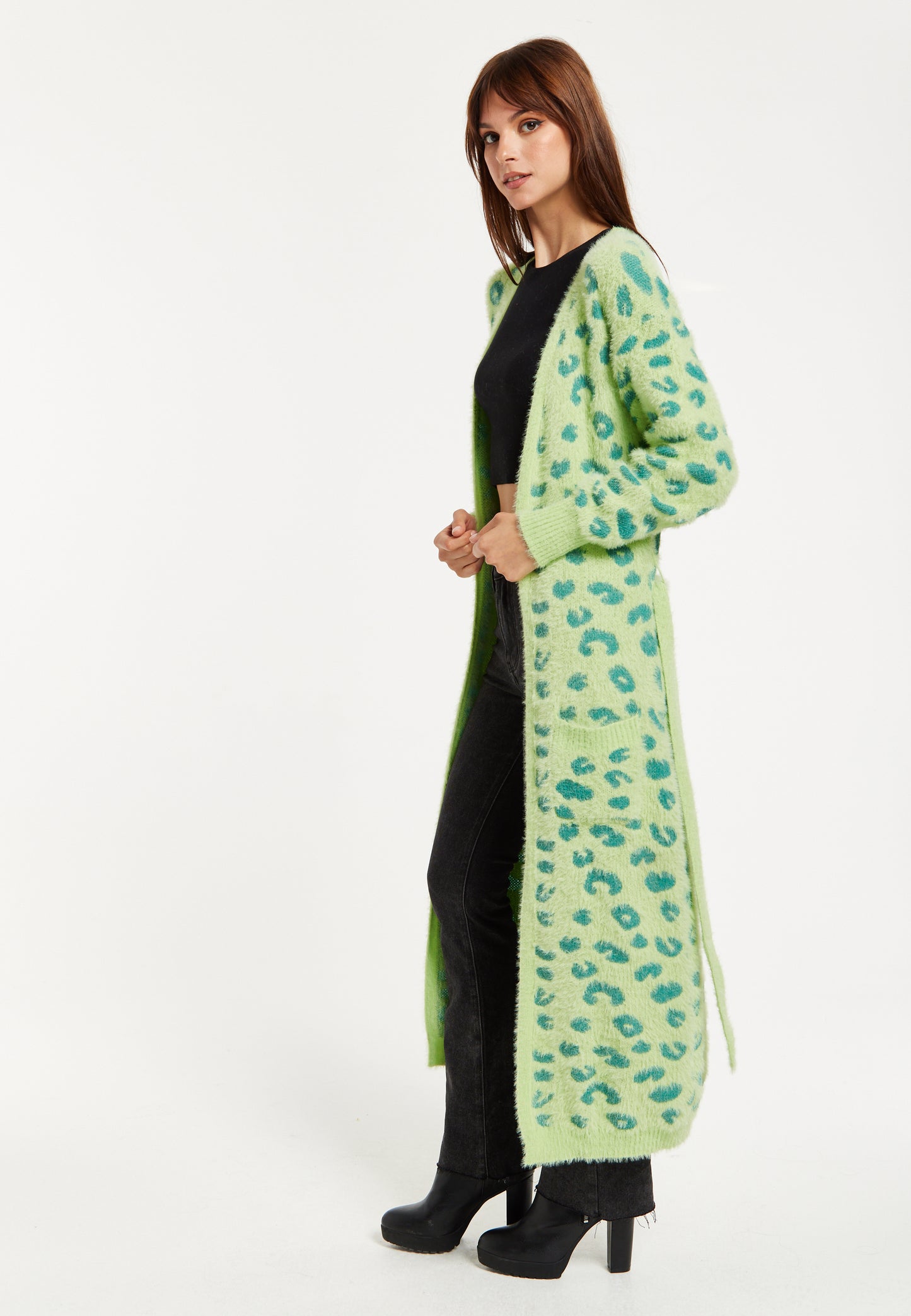 
                  
                    Liquorish Fluffy Longline Cardigan In Green Animal Print
                  
                