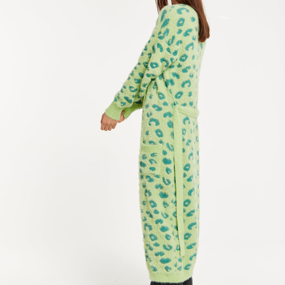 
                  
                    Liquorish Fluffy Longline Cardigan In Green Animal Print
                  
                