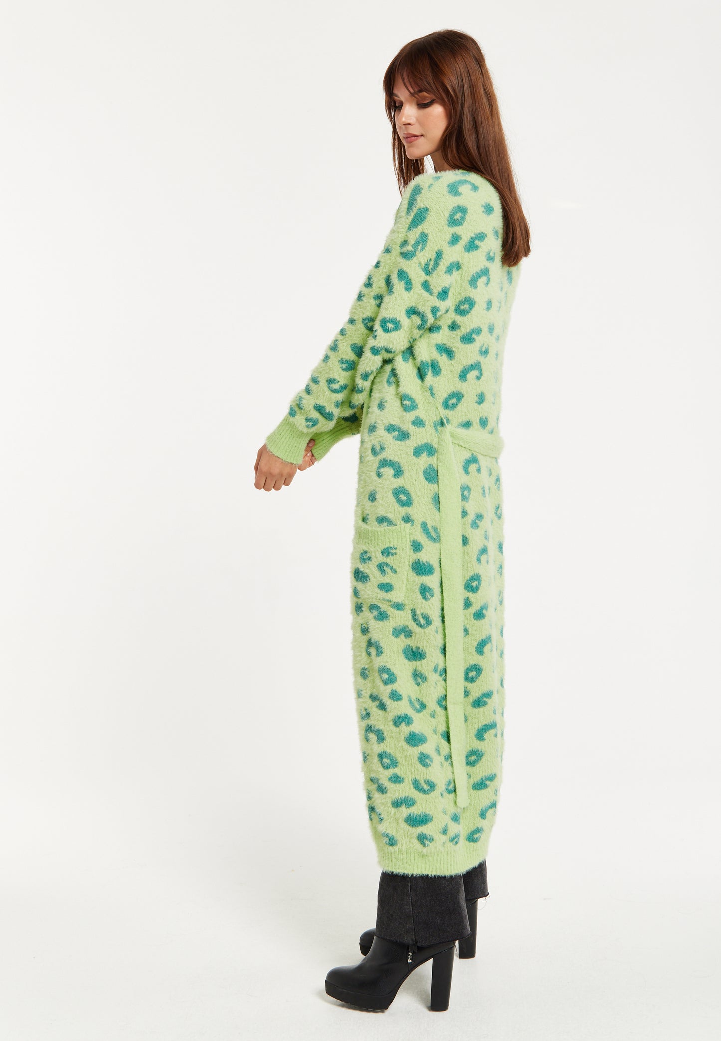 
                  
                    Liquorish Fluffy Longline Cardigan In Green Animal Print
                  
                