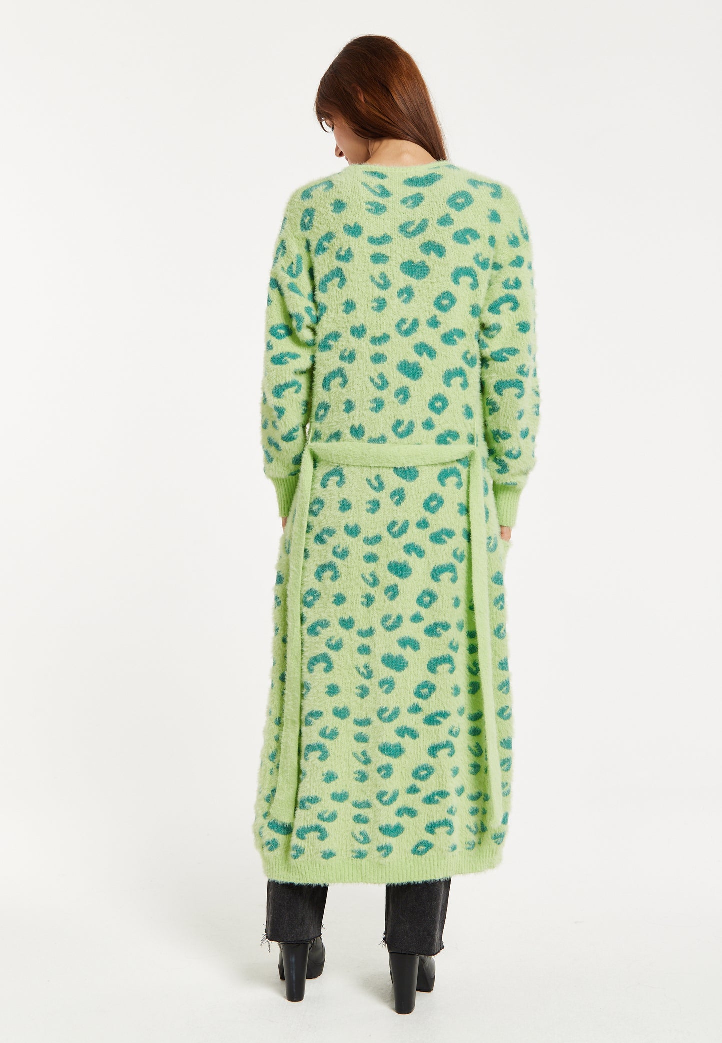 
                  
                    Liquorish Fluffy Longline Cardigan In Green Animal Print
                  
                