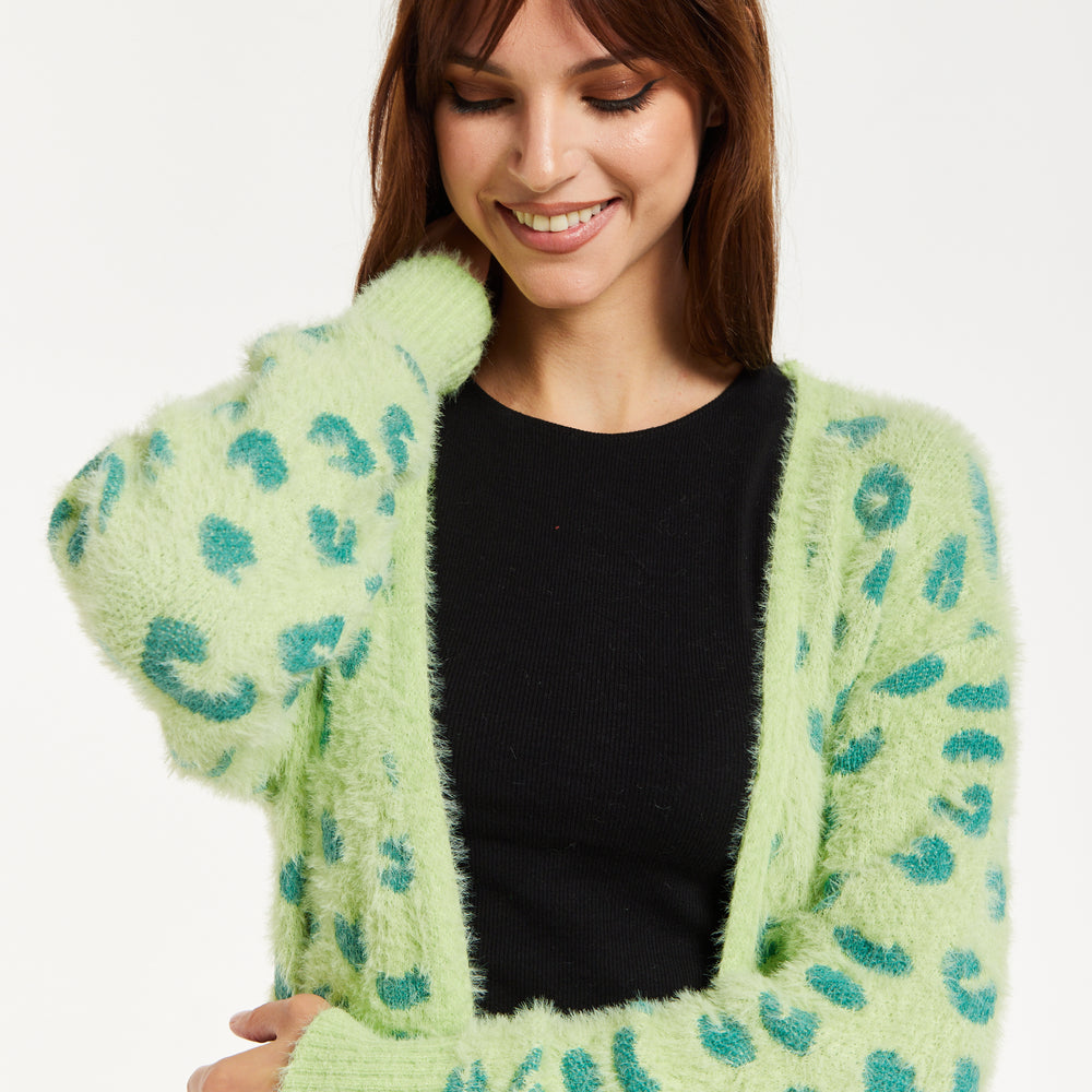 
                  
                    Liquorish Fluffy Longline Cardigan In Green Animal Print
                  
                