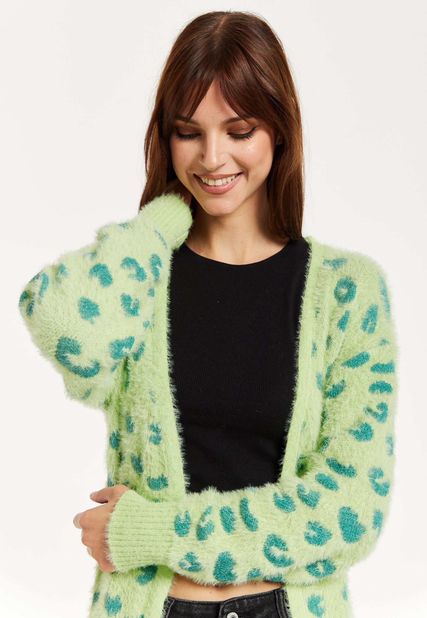 
                  
                    Liquorish Fluffy Longline Cardigan In Green Animal Print
                  
                