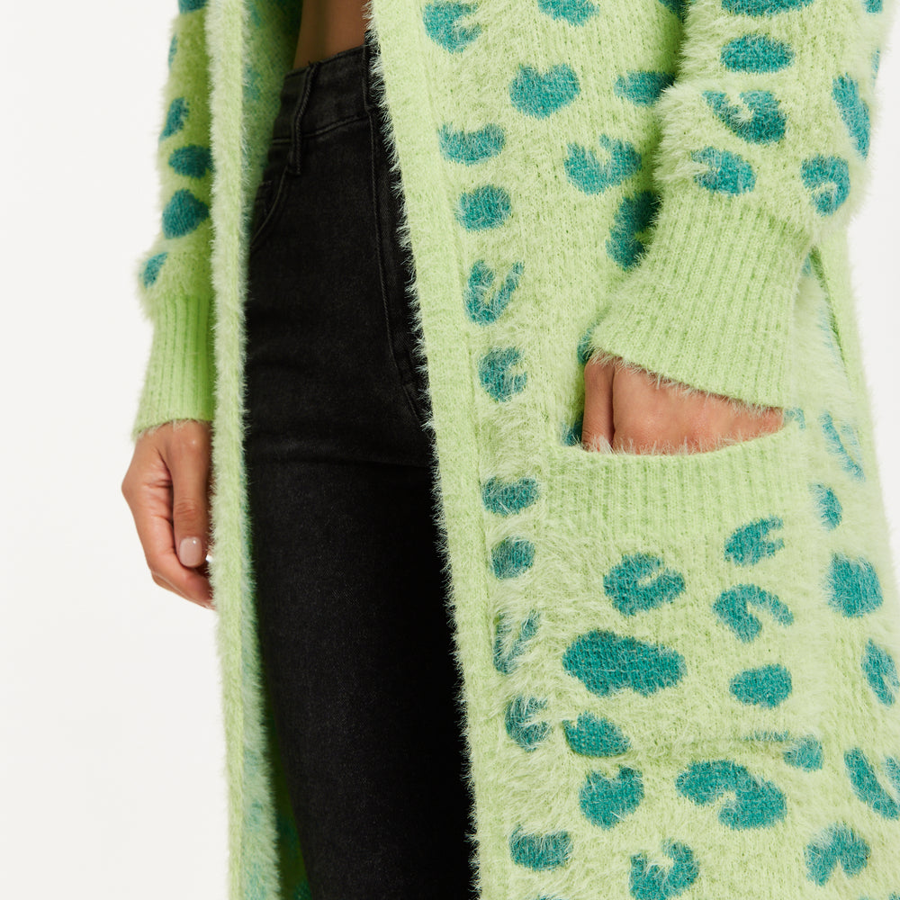 
                  
                    Liquorish Fluffy Longline Cardigan In Green Animal Print
                  
                