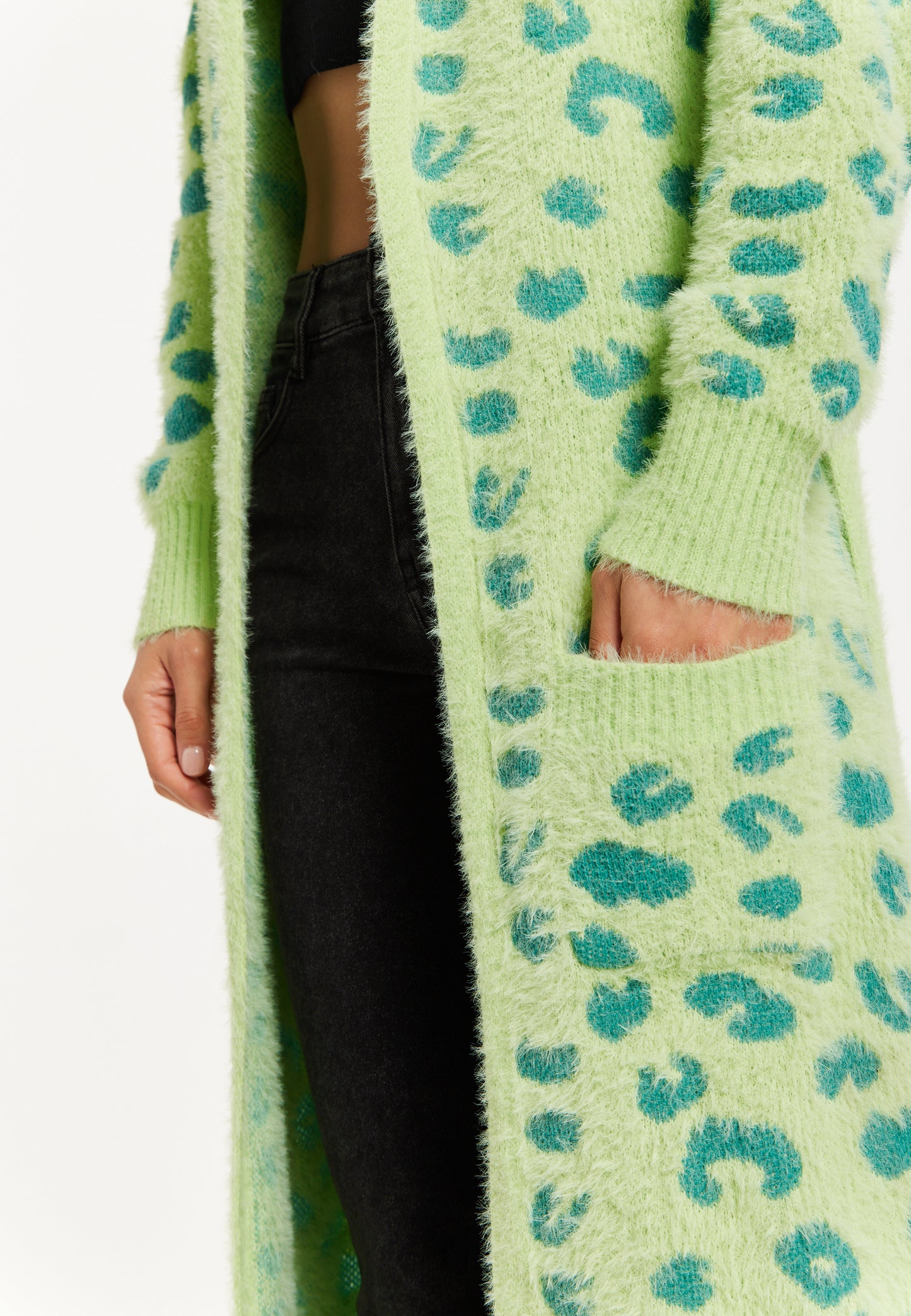 
                  
                    Liquorish Fluffy Longline Cardigan In Green Animal Print
                  
                