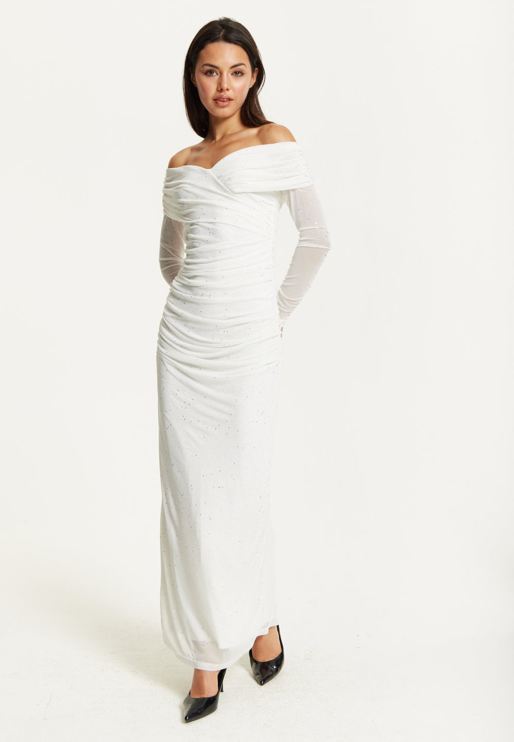 White Glitter Off Shoulder Maxi Dress