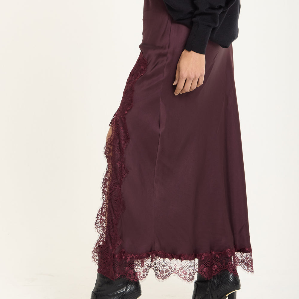 
                  
                    Burgundy Satin Midi Skirt with Lace Trim
                  
                