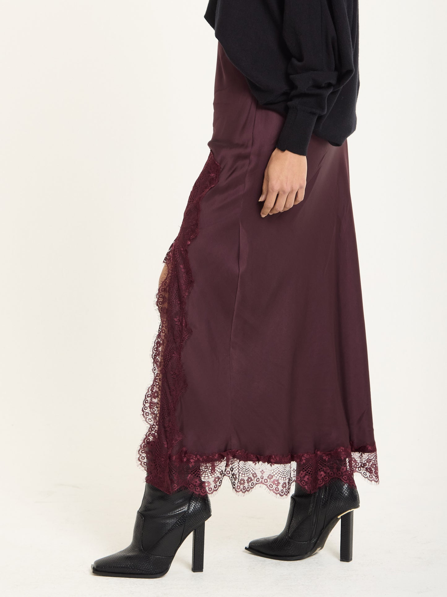 
                  
                    Burgundy Satin Midi Skirt with Lace Trim
                  
                