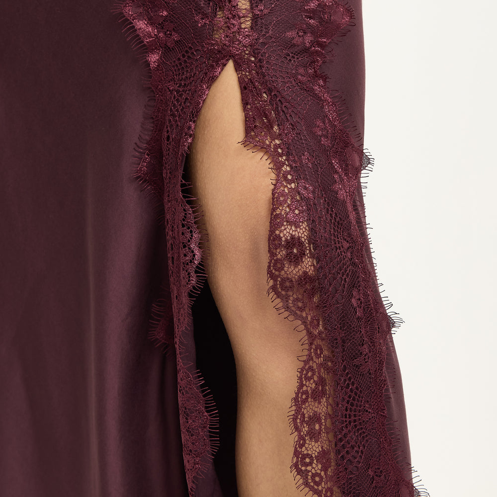 
                  
                    Burgundy Satin Midi Skirt with Lace Trim
                  
                