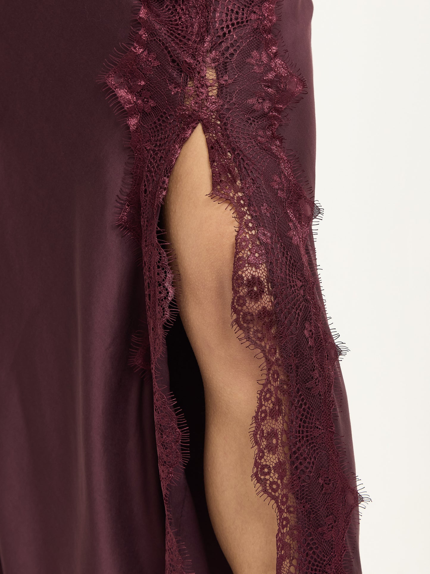 
                  
                    Burgundy Satin Midi Skirt with Lace Trim
                  
                
