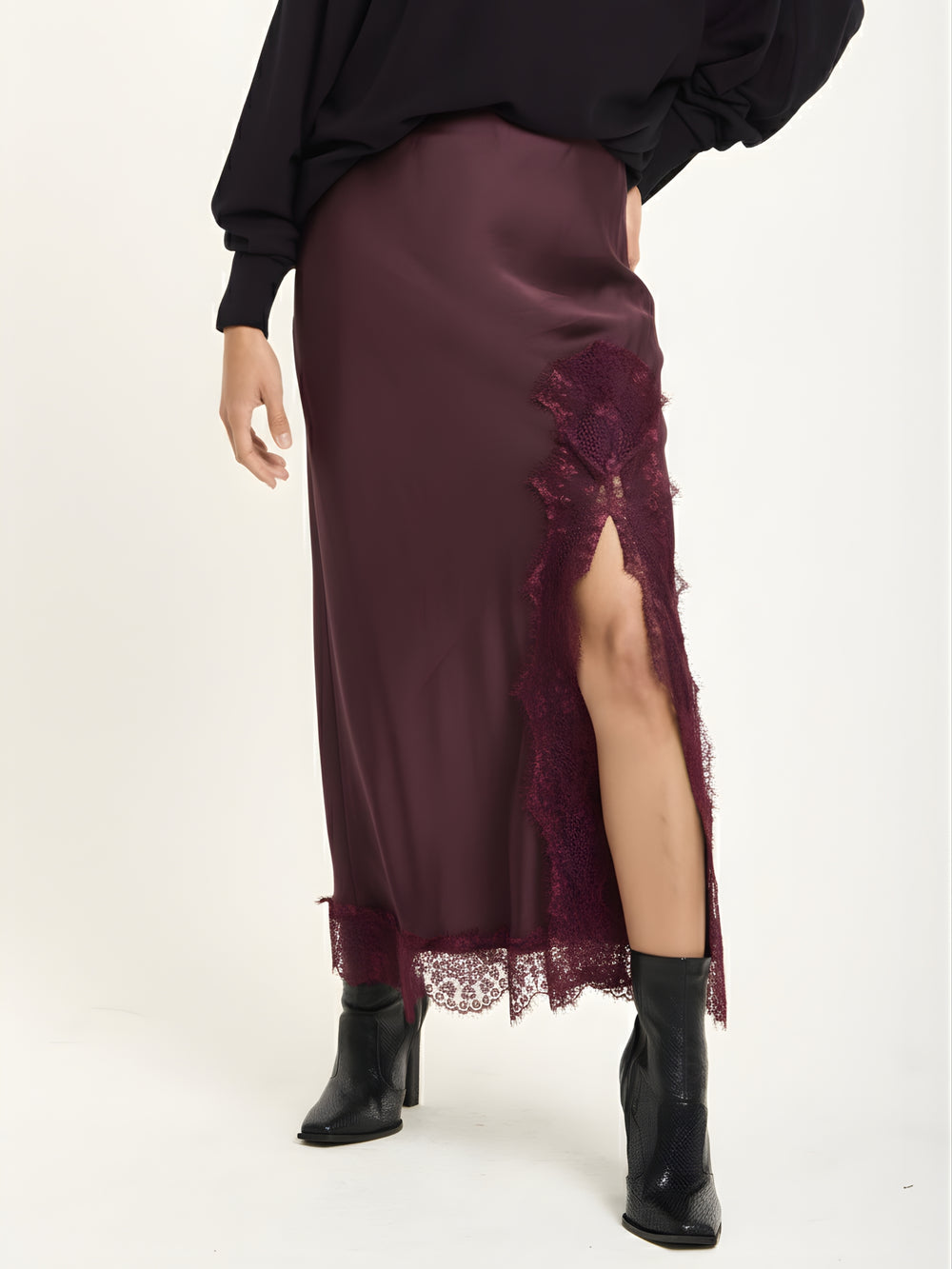 Burgundy Satin Midi Skirt with Lace Trim