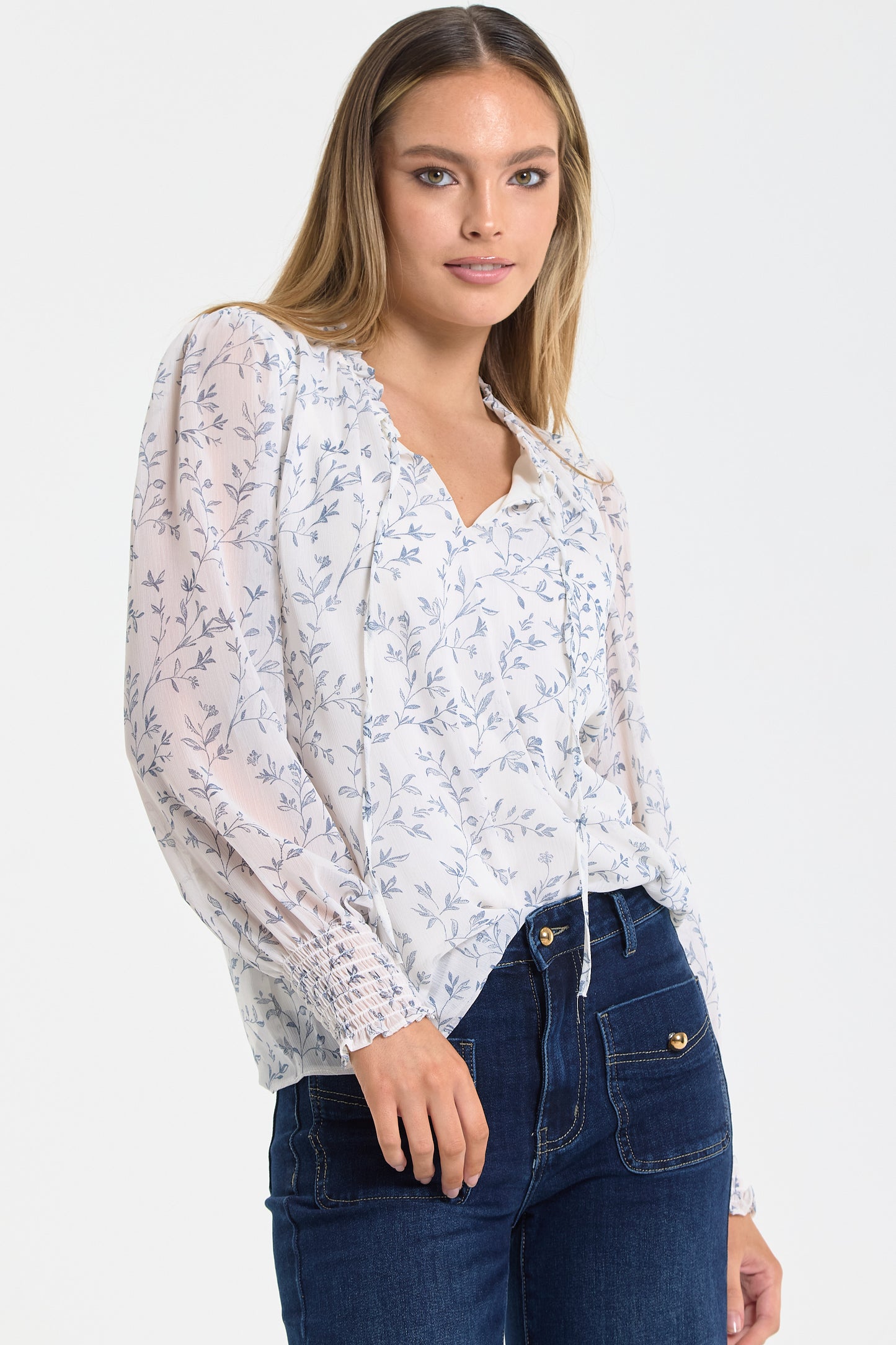 
                  
                    Blue Vine Print Ruffle Blouse
                  
                