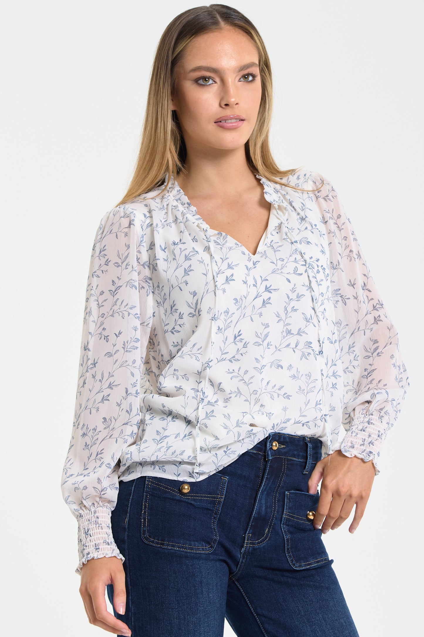 
                  
                    Blue Vine Print Ruffle Blouse
                  
                