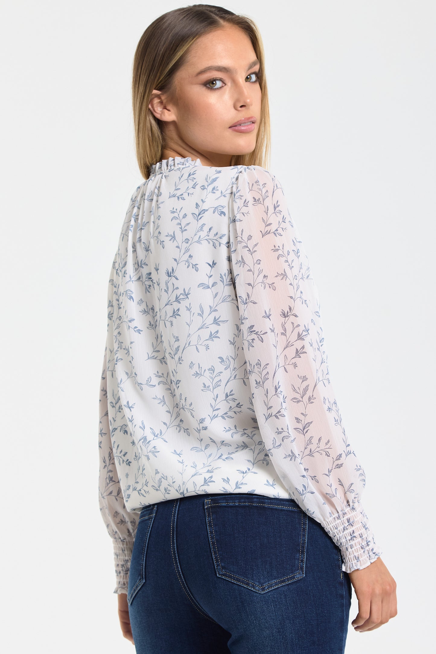 
                  
                    Blue Vine Print Ruffle Blouse
                  
                
