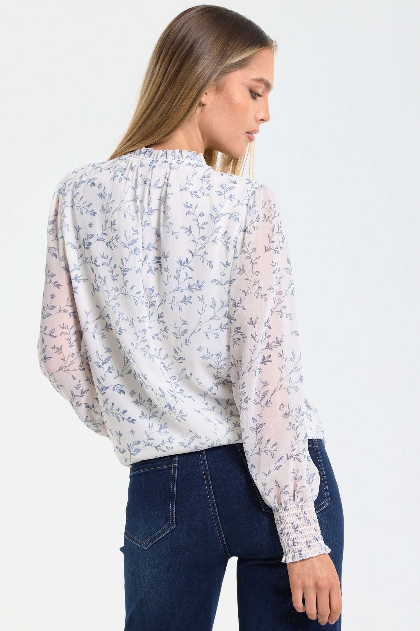 
                  
                    Blue Vine Print Ruffle Blouse
                  
                