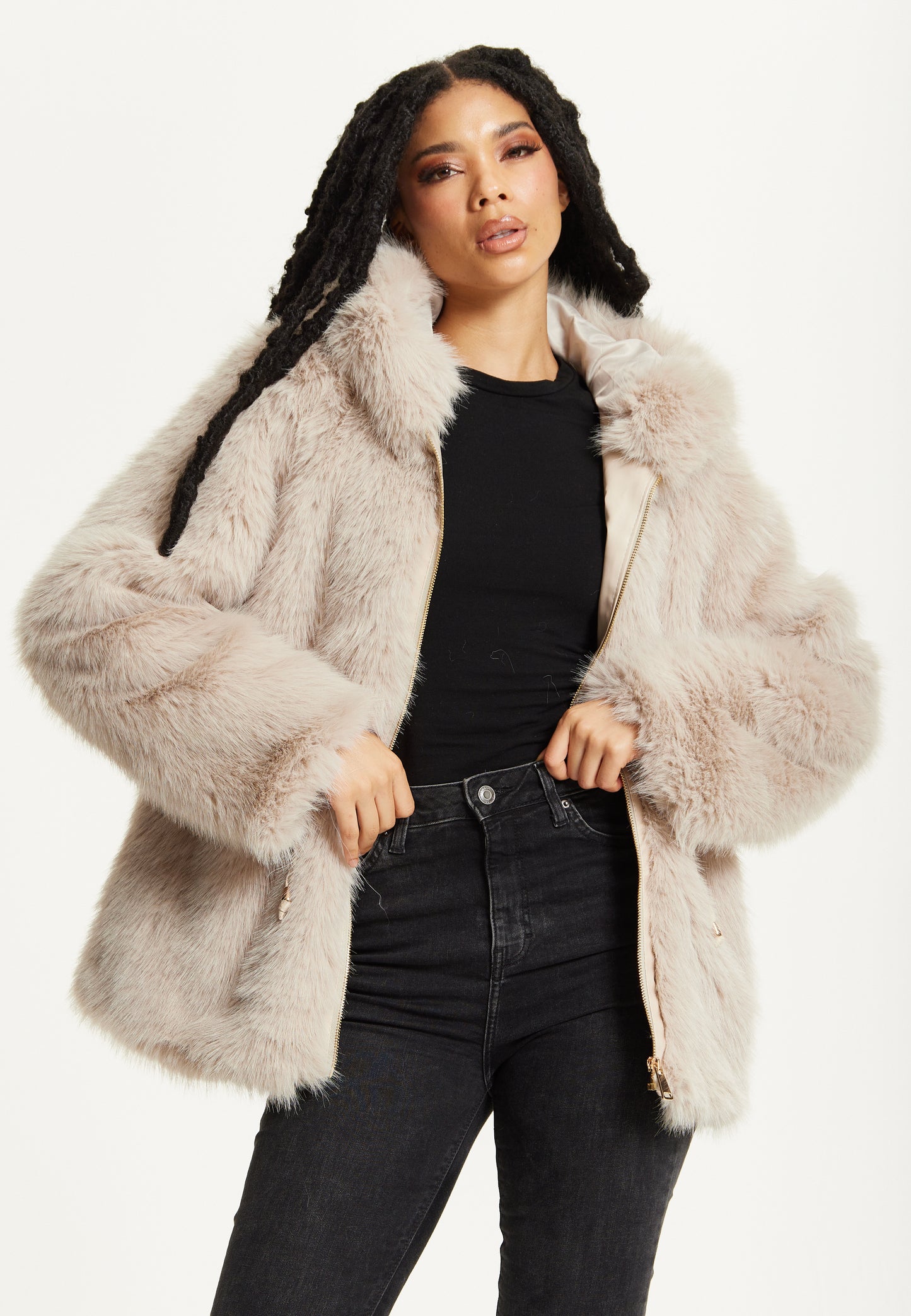 
                  
                    Faux Fur Hooded Coat in Beige
                  
                