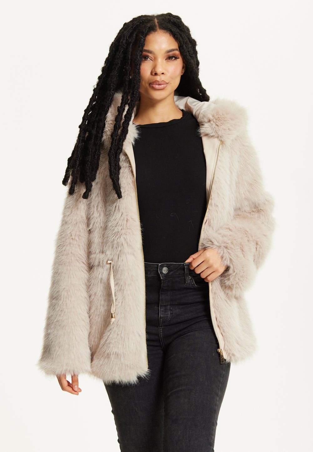 Faux Fur Hooded Coat in Beige