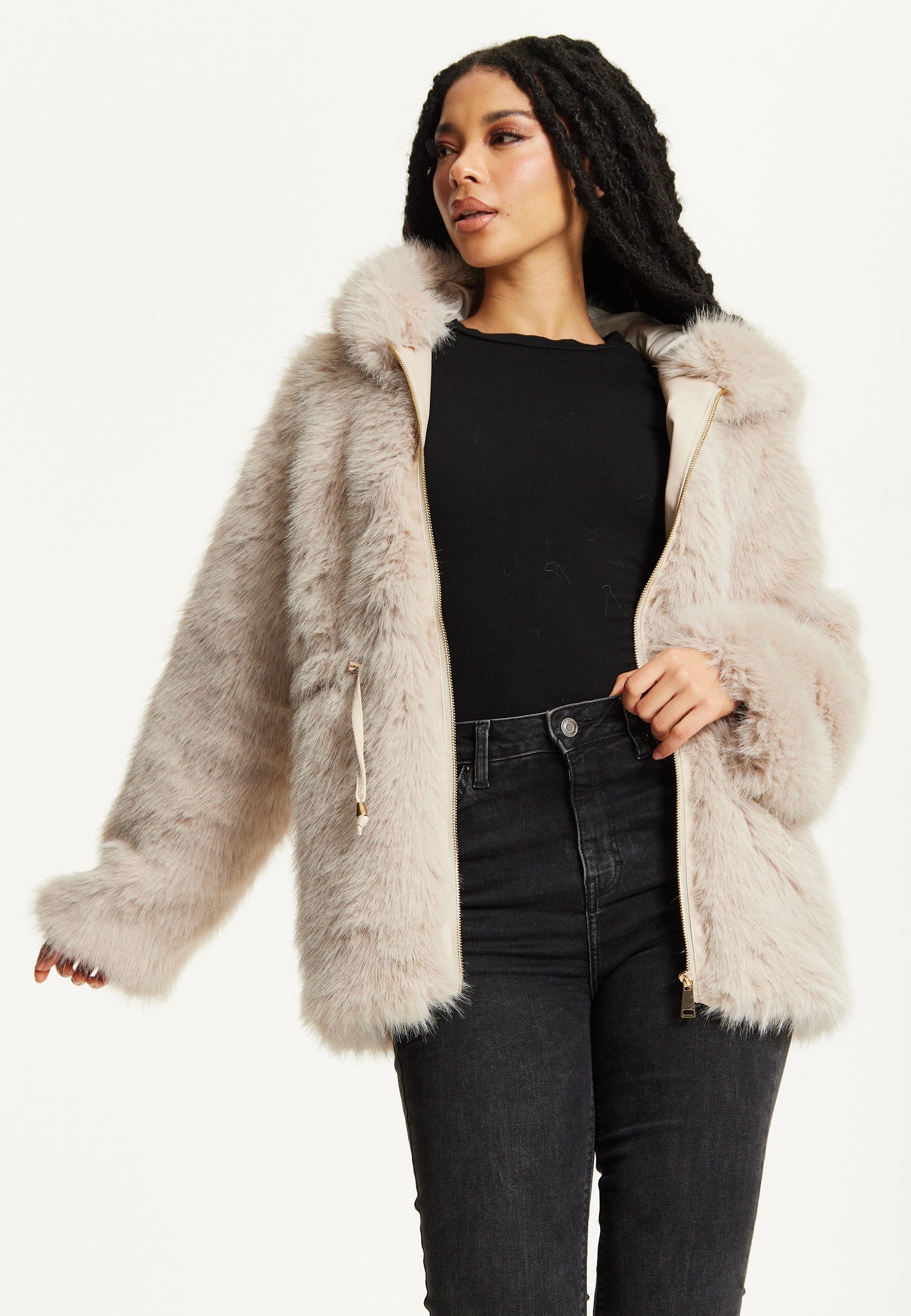 
                  
                    Faux Fur Hooded Coat in Beige
                  
                