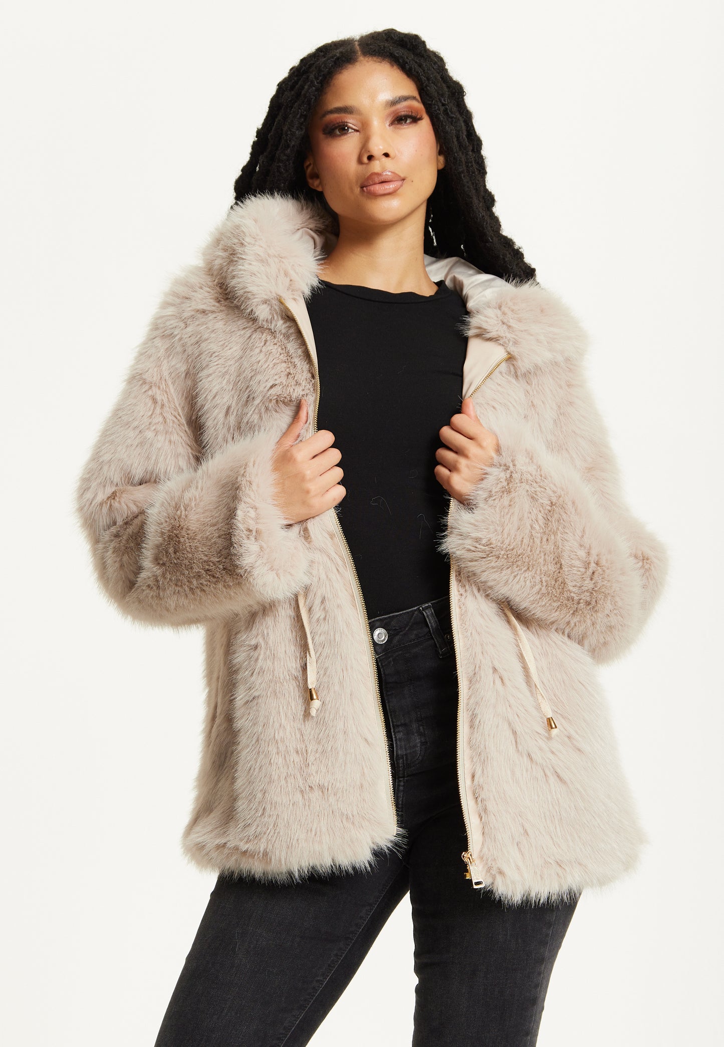 
                  
                    Faux Fur Hooded Coat in Beige
                  
                