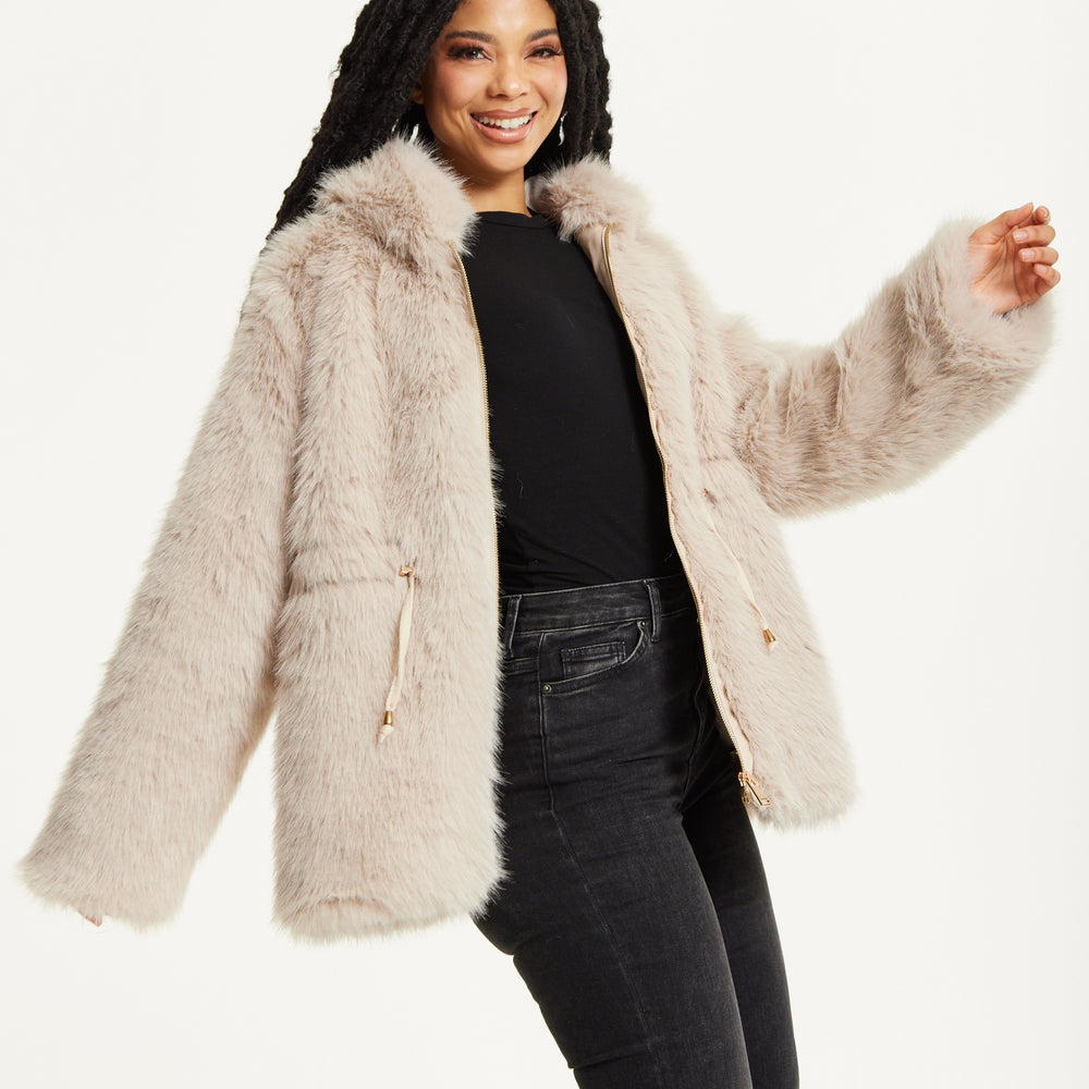
                  
                    Faux Fur Hooded Coat in Beige
                  
                