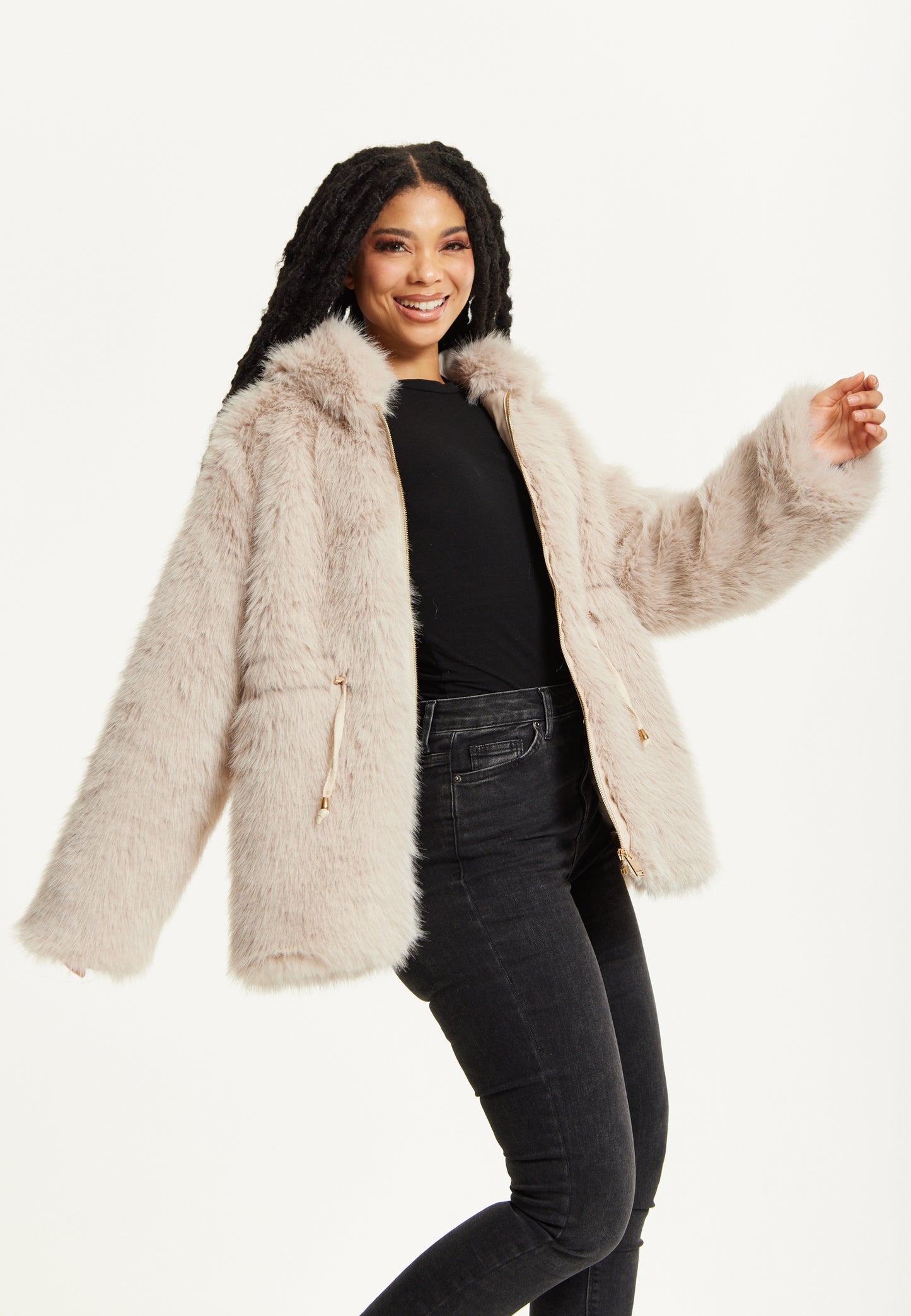 
                  
                    Faux Fur Hooded Coat in Beige
                  
                