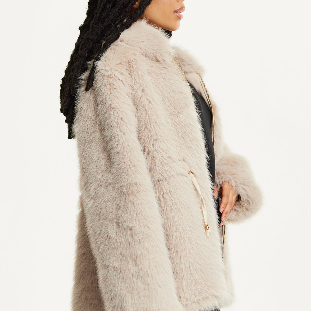 
                  
                    Faux Fur Hooded Coat in Beige
                  
                